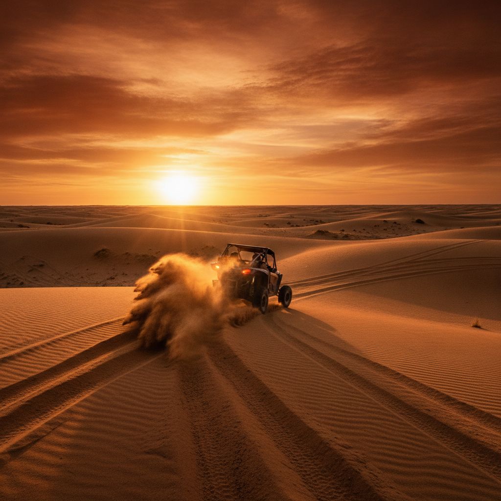 A UTV kicking up sand while riding the Glamis dunes at golden hour
